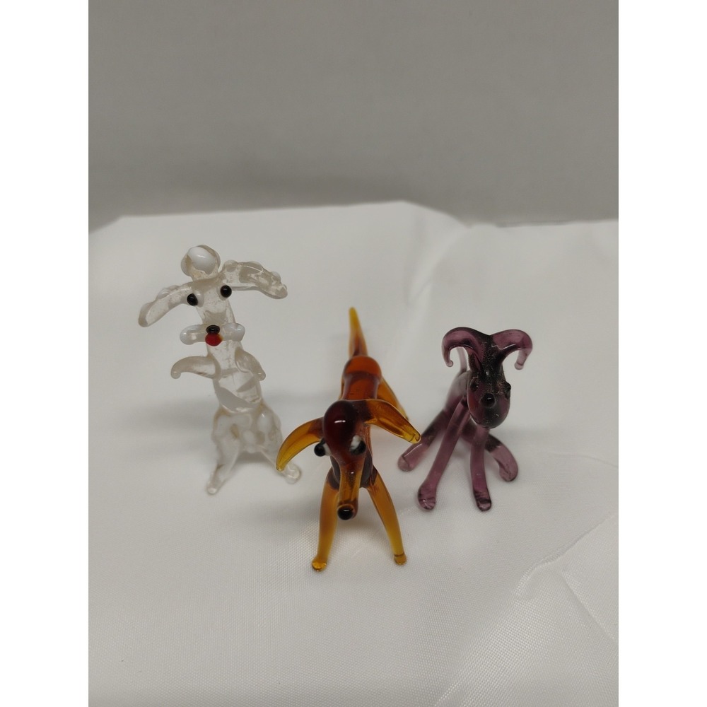 3 Miniature Blown Glass Dog Figurines Poodle Hounds Vintage